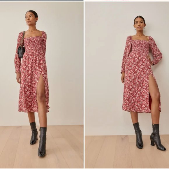 REFORMATION CELLO FLOWER GIRL LONG SLEEVE SMOCKED RED MIDI DRESS sz XS